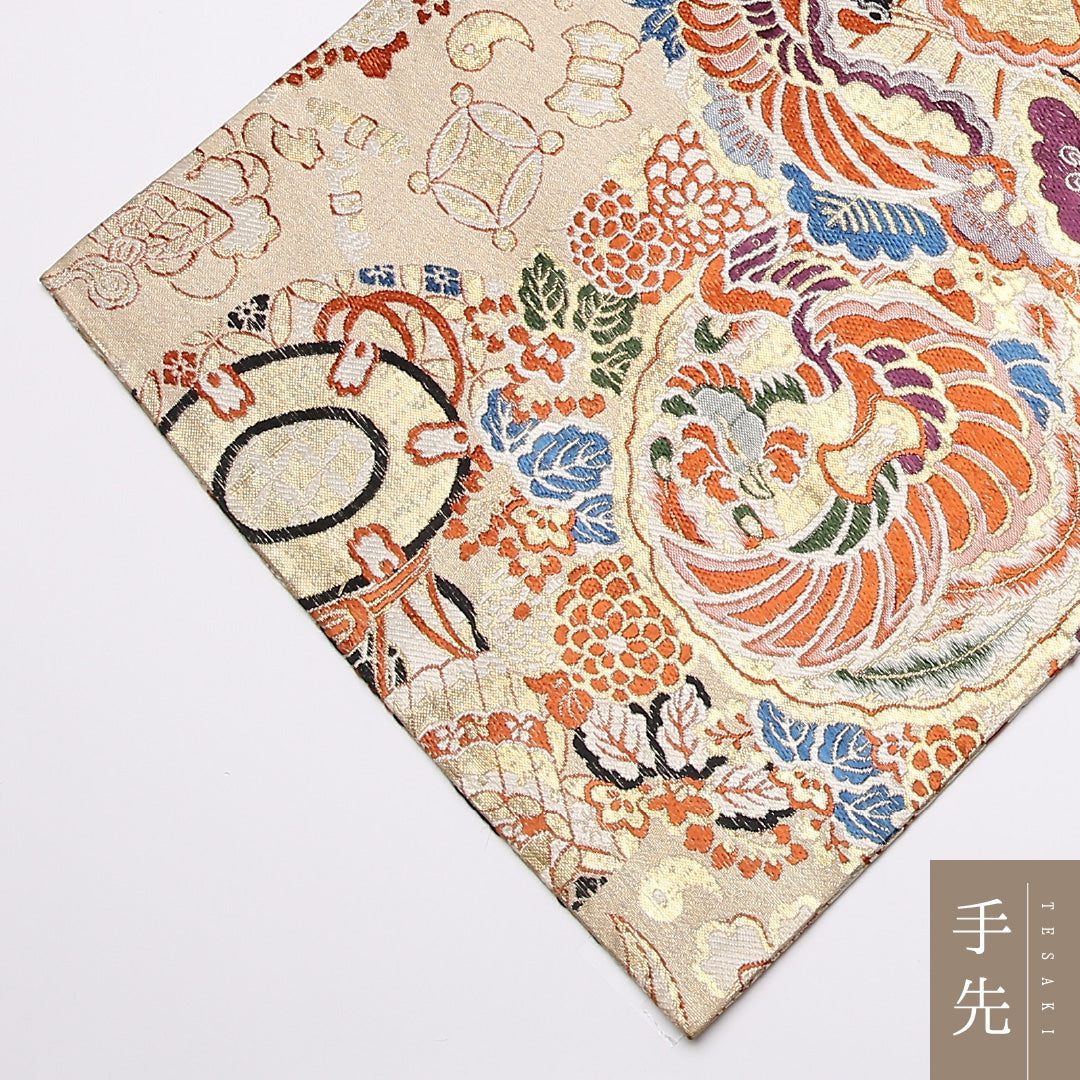 アンティーク 丸帯 帯丈412cm 正絹 全通 向かい鳥 鼓 丸文 クリーム系 1242-01055