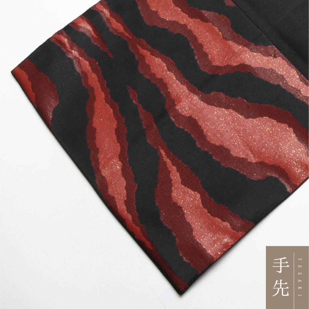 京袋帯 Sランク 帯丈368cm 正絹 六通 袋仕立て 織り インフォーマル 抽象柄 黒系 RP 1244-01969