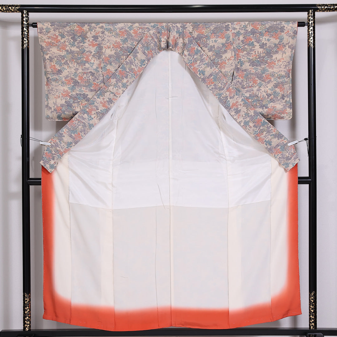 小紋 袷 身丈154cm 裄61.5cm 正絹 御所解 クリーム系 ちりめん Sランク しつけ糸 1215-02465