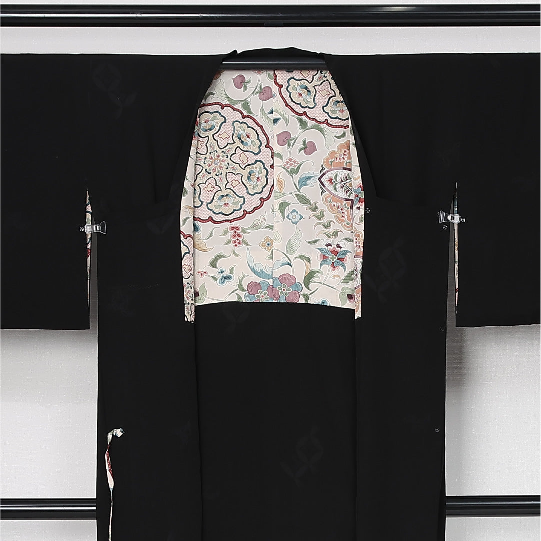 道行コート 袷 身丈90cm 裄丈64cm 正絹 Bランク Mサイズ 織り出し 七宝 黒系 HP 1237-12538