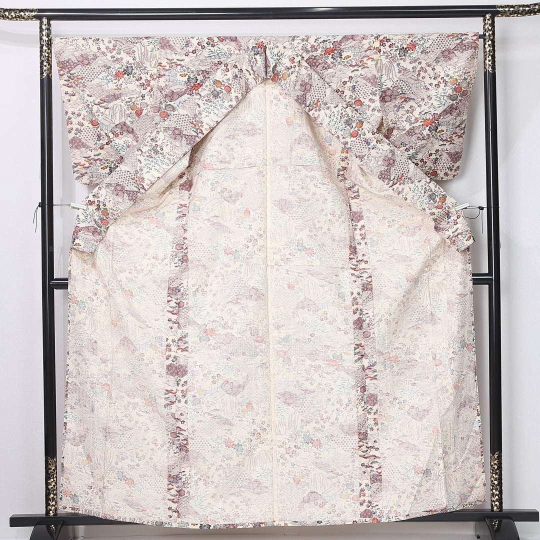 紬 身丈164cm 裄丈66cm Cランク L 正絹 単衣 広衿 茶屋辻 後染め カジュアル クリーム系 1216-12216