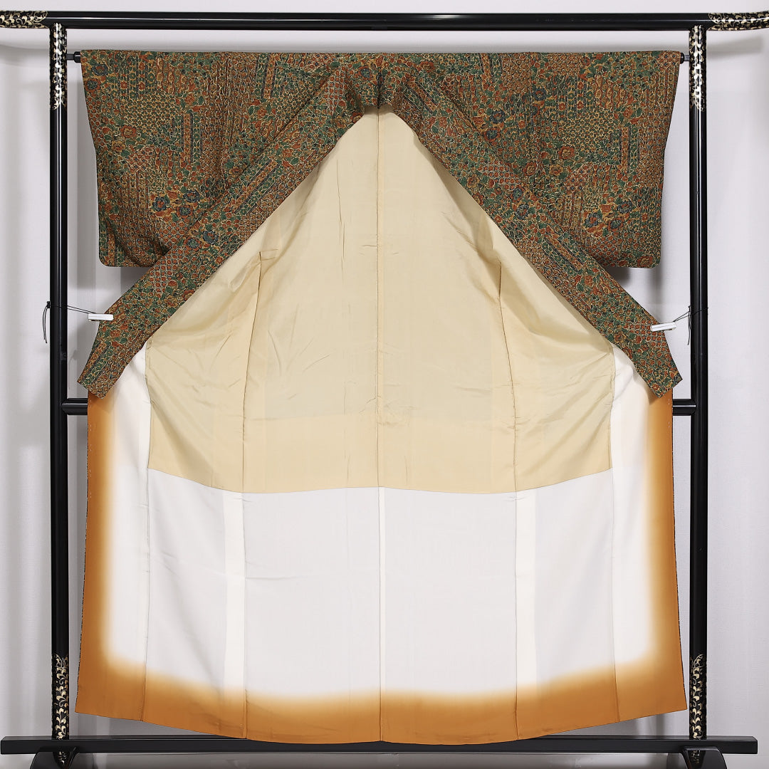 小紋 袷 身丈156cm 裄64cm 正絹 緑系 茶系 Sランク 1215-02480