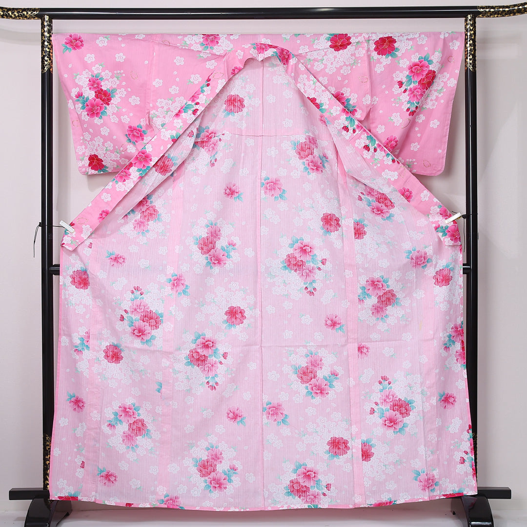 夏物 浴衣 身丈165cm 裄丈66.5cm Aランク XL 木綿 洗える着物 夏物 バチ衿 牡丹 桜 梅 カジュアル ピンク系 1218-12454