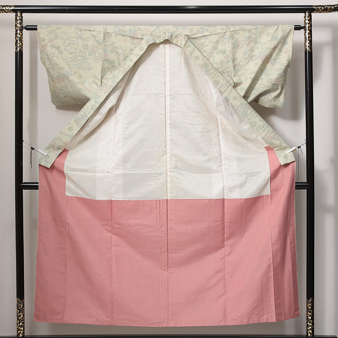 紬 袷 身丈153cm 裄丈60cm 正絹 Sランク カジュアル バチ衿 Sサイズ 椿 紅葉 クリーム系 RP 1223-14934