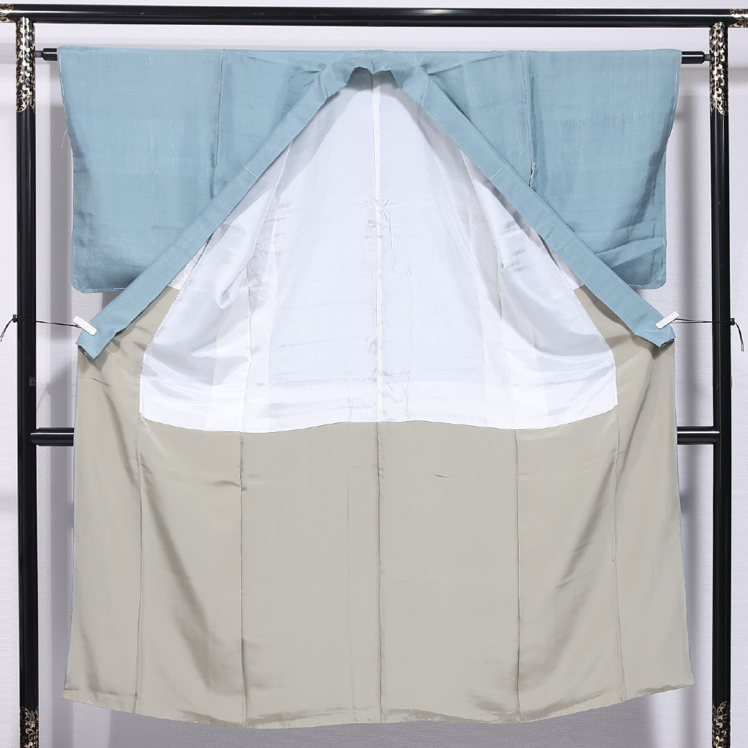 紬 袷 身丈144cm 裄丈62cm 正絹 Sランク カジュアル バチ衿 XSサイズ 色無地 無地 水色系 RP 1223-11643