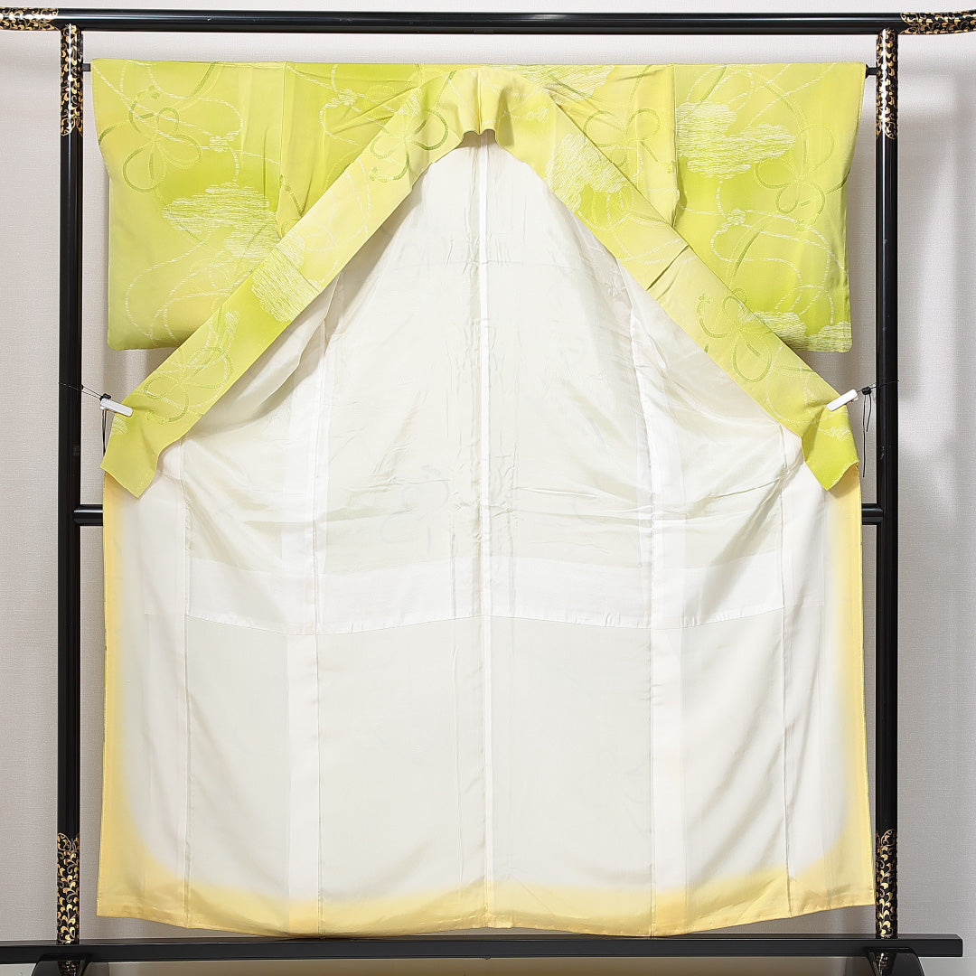 小紋 袷 身丈157cm 裄丈64cm 正絹 Bランク Mサイズ 広衿 インフォーマル 組紐 緑系 1215-14958
