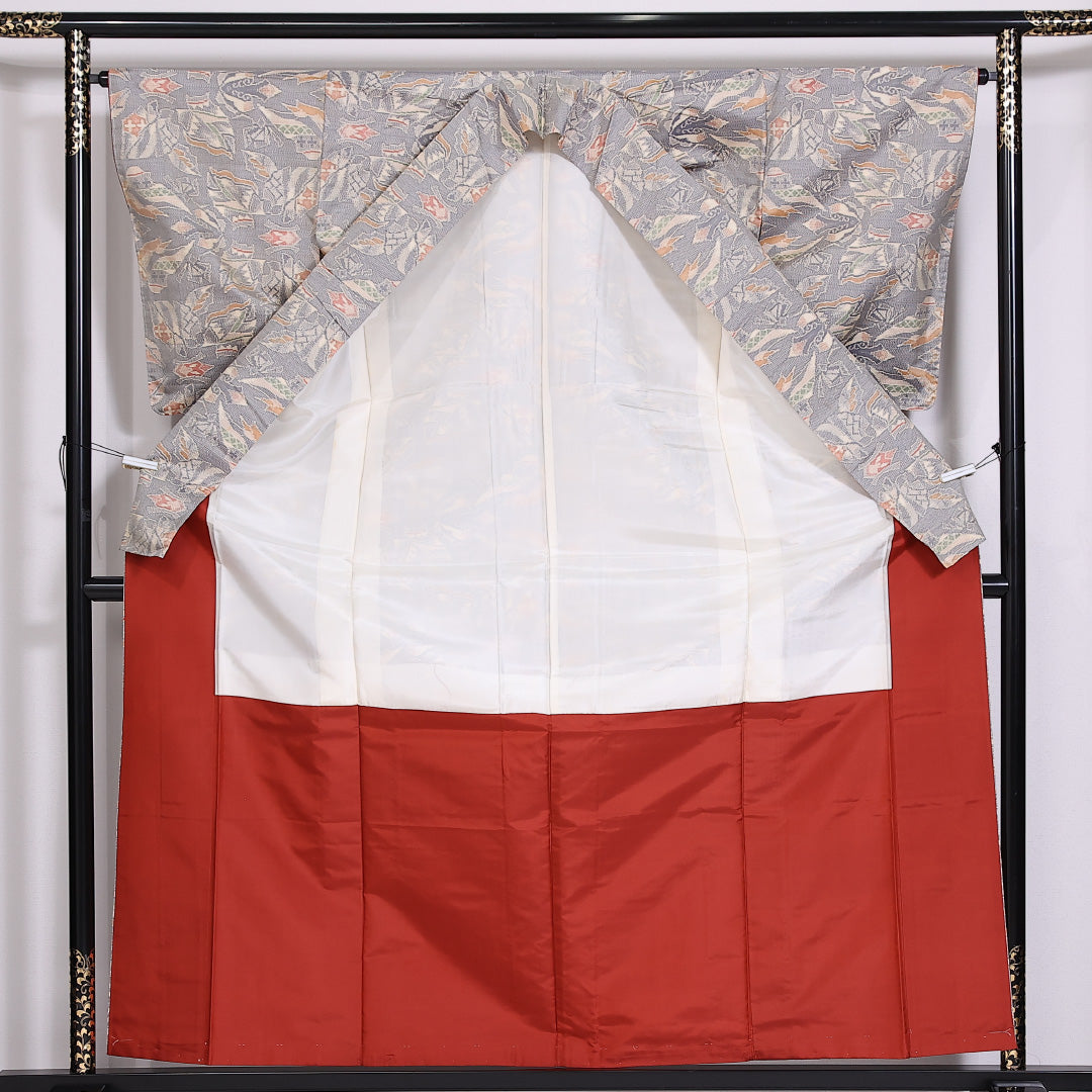 大島紬 袷 身丈162cm 裄64.5cm 正絹 創作 グレー系 Aランク 1216-01474