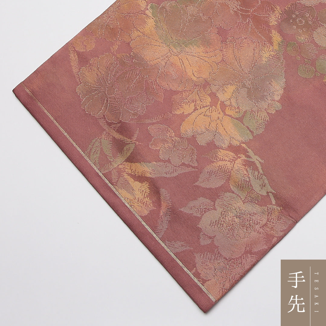 未使用品 袋帯 帯丈420cm 正絹 六通 セミフォーマル 花鳥文 茶系 ピンク系 1243-01235