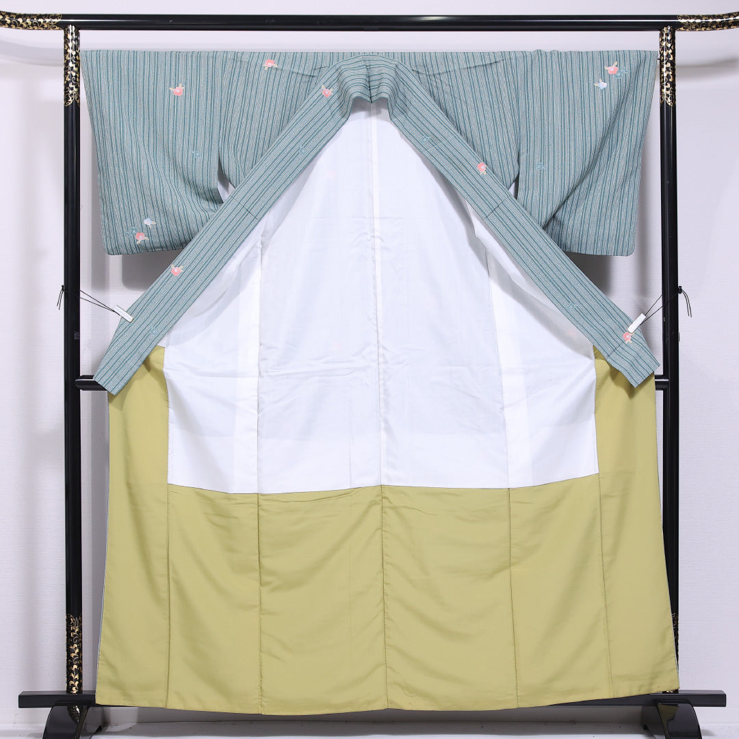 洗える着物 小紋 袷 身丈161cm 裄丈66cm ポリエステル Sランク インフォーマル 広衿 Lサイズ 縞 椿 緑系 RP 1221-11560