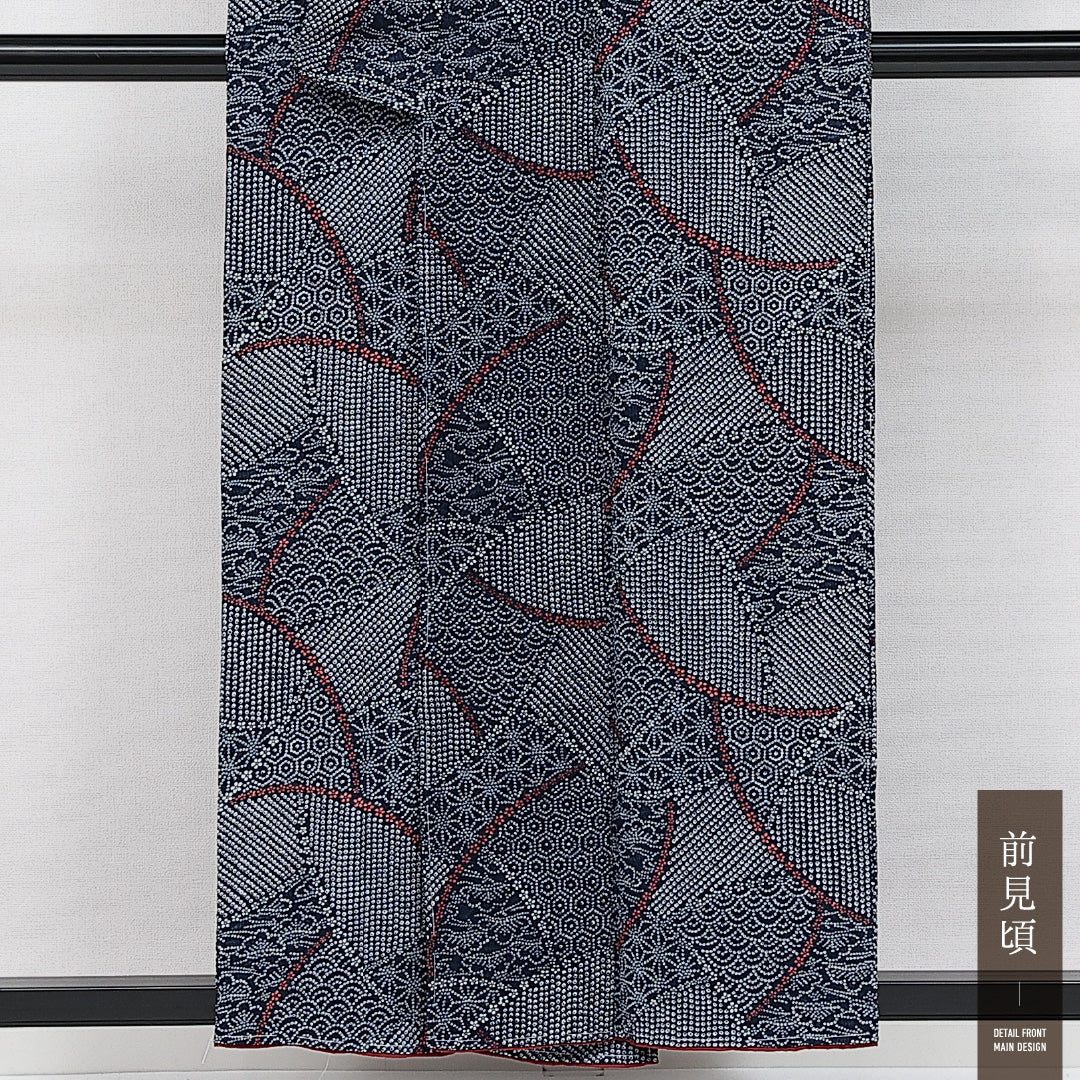 アンサンブル 洗える着物 小紋 袷 身丈154cm 裄丈62cm ポリエステル Sランク インフォーマル 広衿 Sサイズ 吉祥文様 紺系 RP 1221-14575