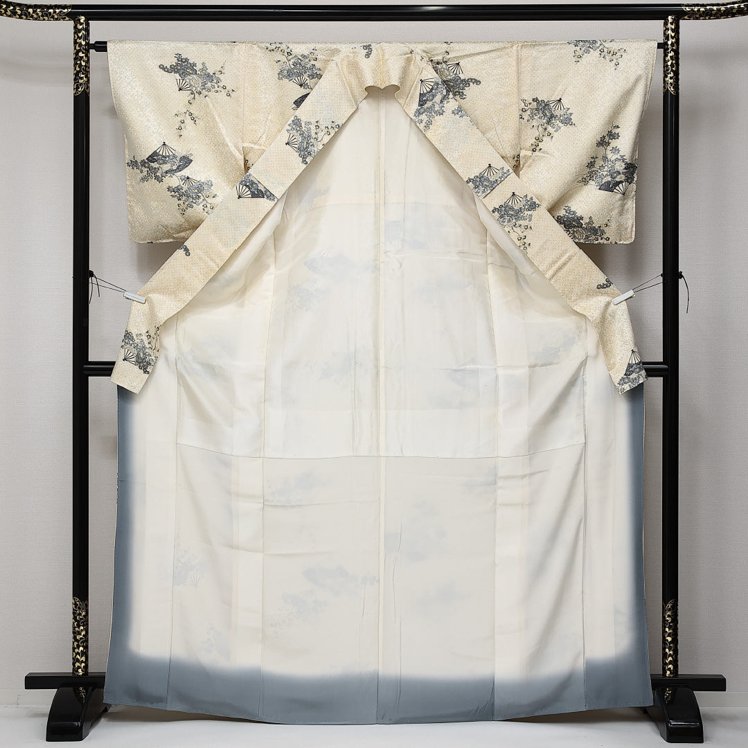 小紋 袷 身丈166cm 裄丈64cm 正絹 Sランク インフォーマル 広衿 XLサイズ 花扇 クリーム系 RP 1221-14175