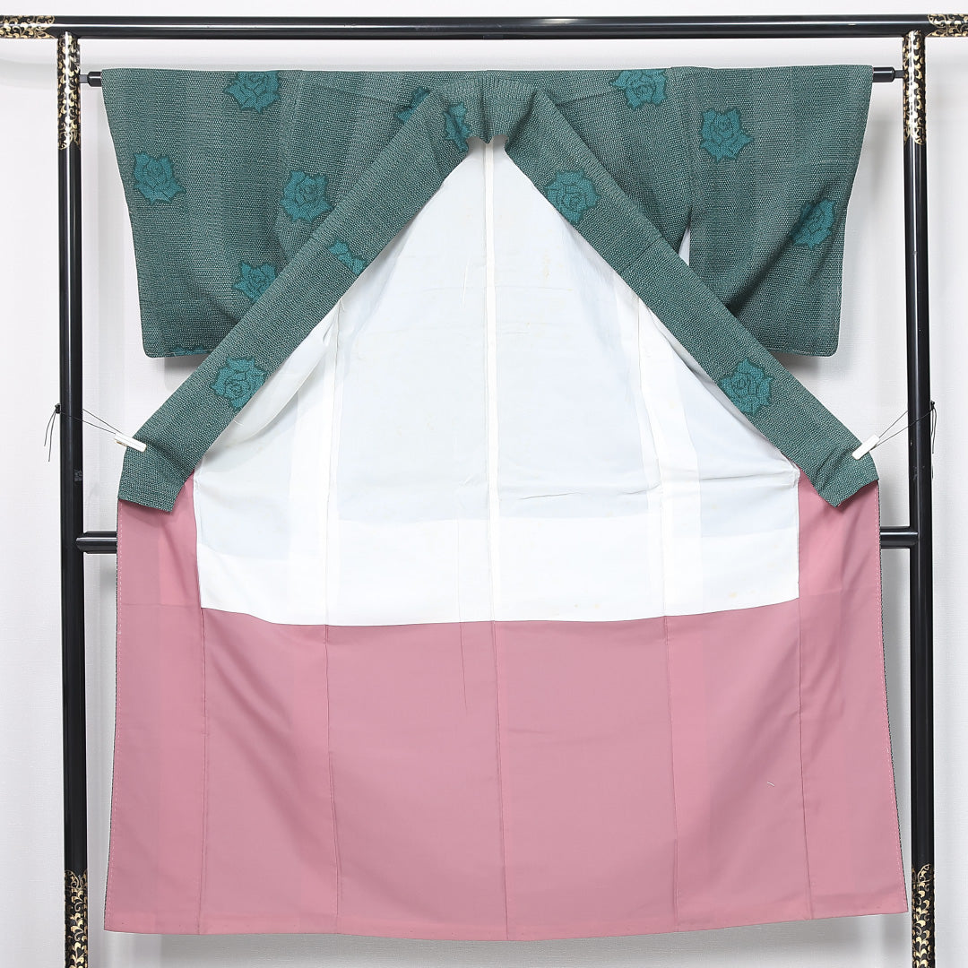 紬 袷 身丈152cm 裄丈63cm 正絹 Aランク カジュアル 広衿 Sサイズ 縞 薔薇 緑系 HP 1223-11903