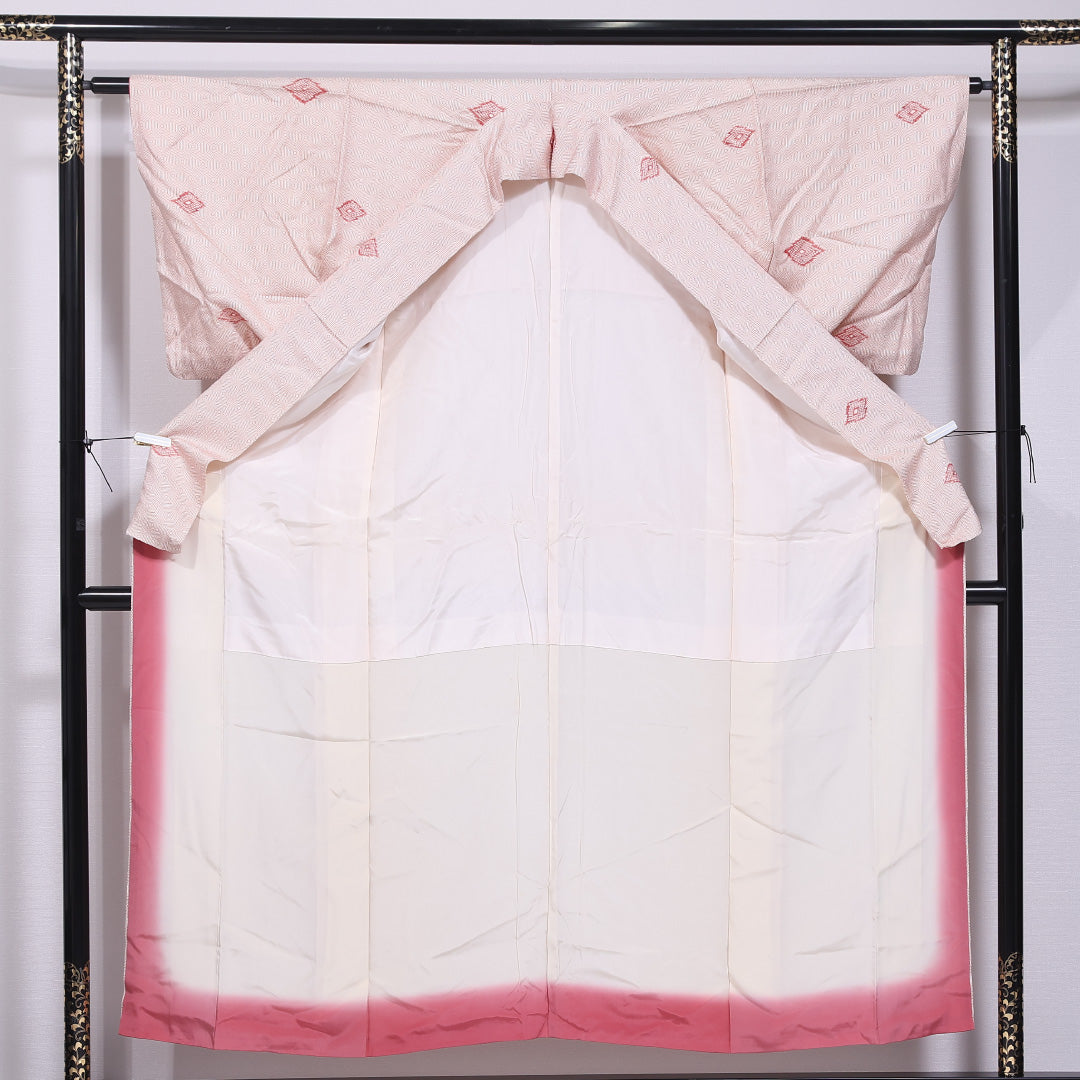 小紋 袷 身丈153cm 裄丈60cm 正絹 Sランク インフォーマル 広衿 Sサイズ 亀甲 ピンク系 RP 1221-11855