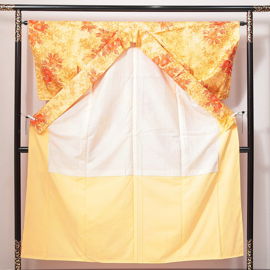 小紋 袷 身丈153cm 裄丈64cm 正絹 Sランク インフォーマル 広衿 Sサイズ 桜 黄系 RP 1221-14918