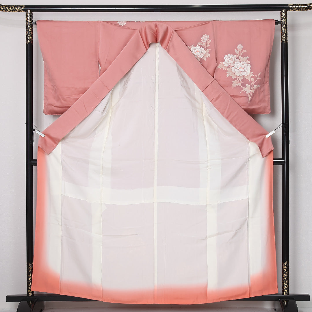 訪問着 袷 身丈160cm 裄丈65cm 正絹 Sランク セミフォーマル 広衿 Lサイズ 牡丹 ピンク系 RP 1217-12495