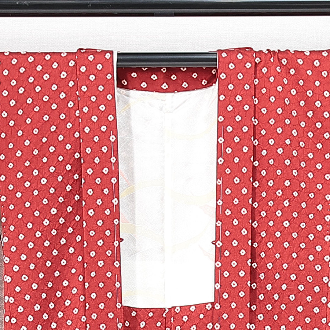 新古品 羽織（総絞り） 袷 身丈79cm 裄丈68cm 正絹 Nランク Lサイズ カジュアル 鹿の子柄 しつけ糸 赤系 1217-14754