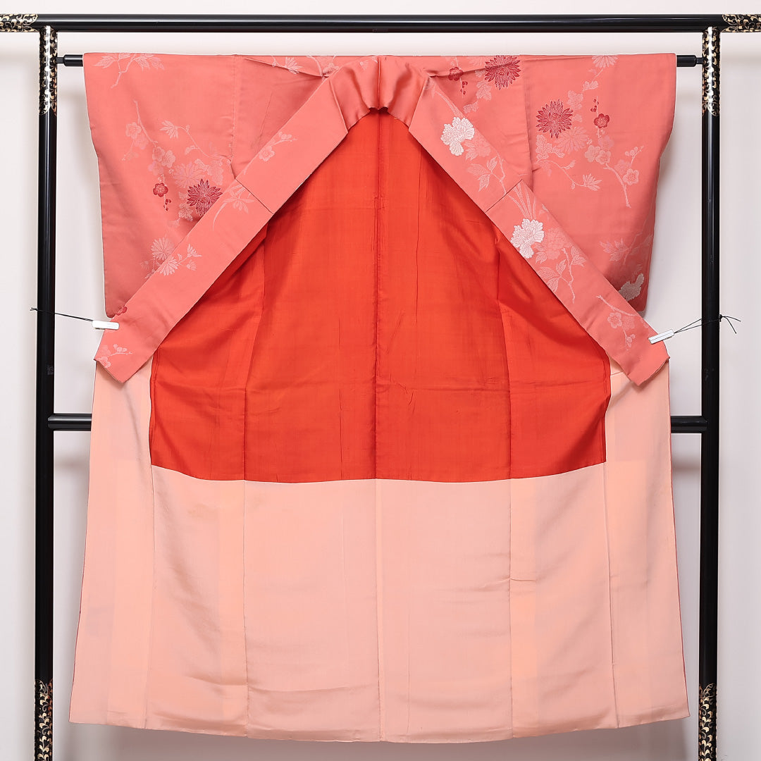 アンティーク 袷 身丈152cm 裄62cm 正絹 お召 梅 菊 ピンク系 Cランク 1216-01350