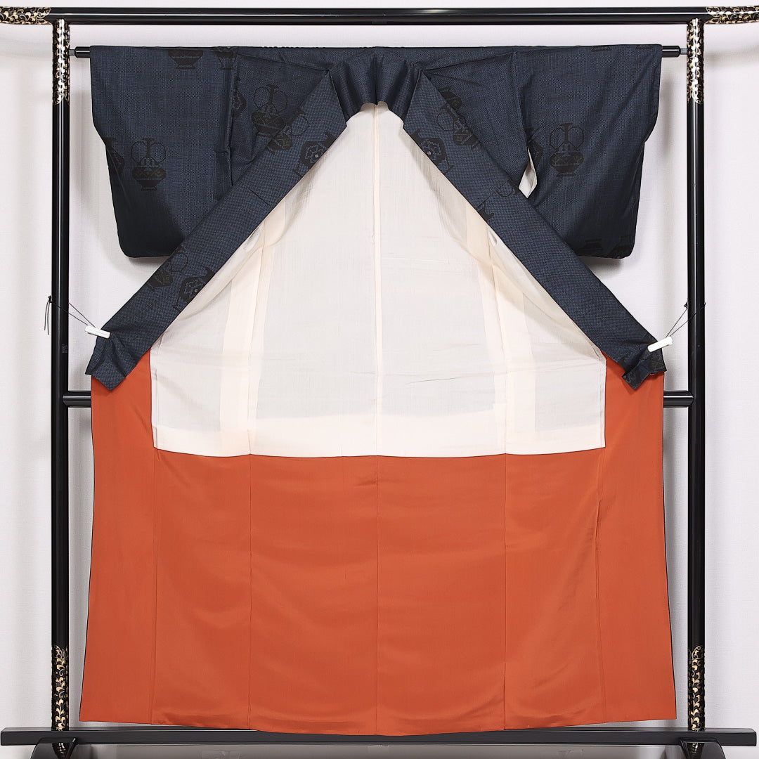 大島紬 袷 身丈160cm 裄丈61cm 正絹 Aランク インフォーマル 広衿 Lサイズ 壺 紺系 RP 1223-10119