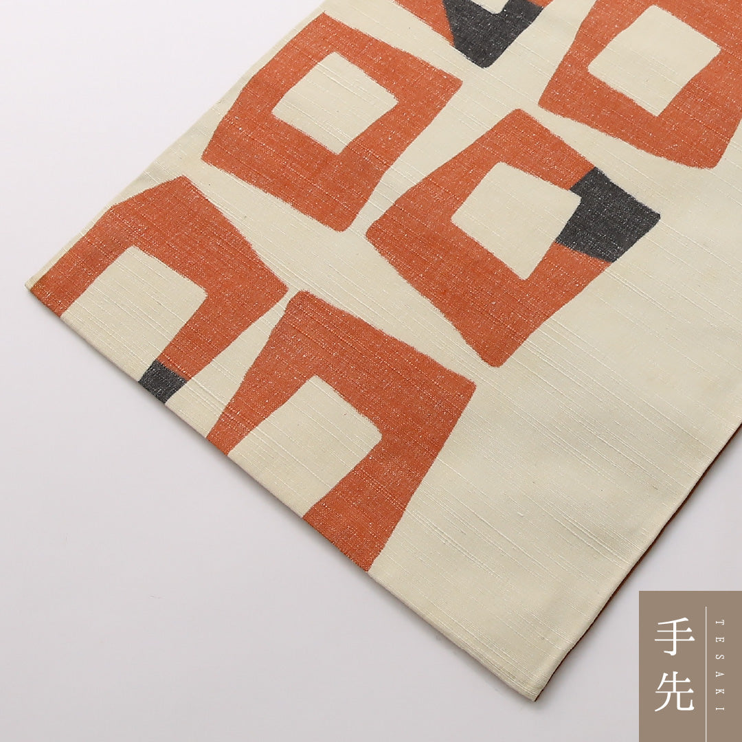 袋帯（紬） 帯丈442cm 正絹 全通 カジュアル 創作柄 クリーム系 1243-01673