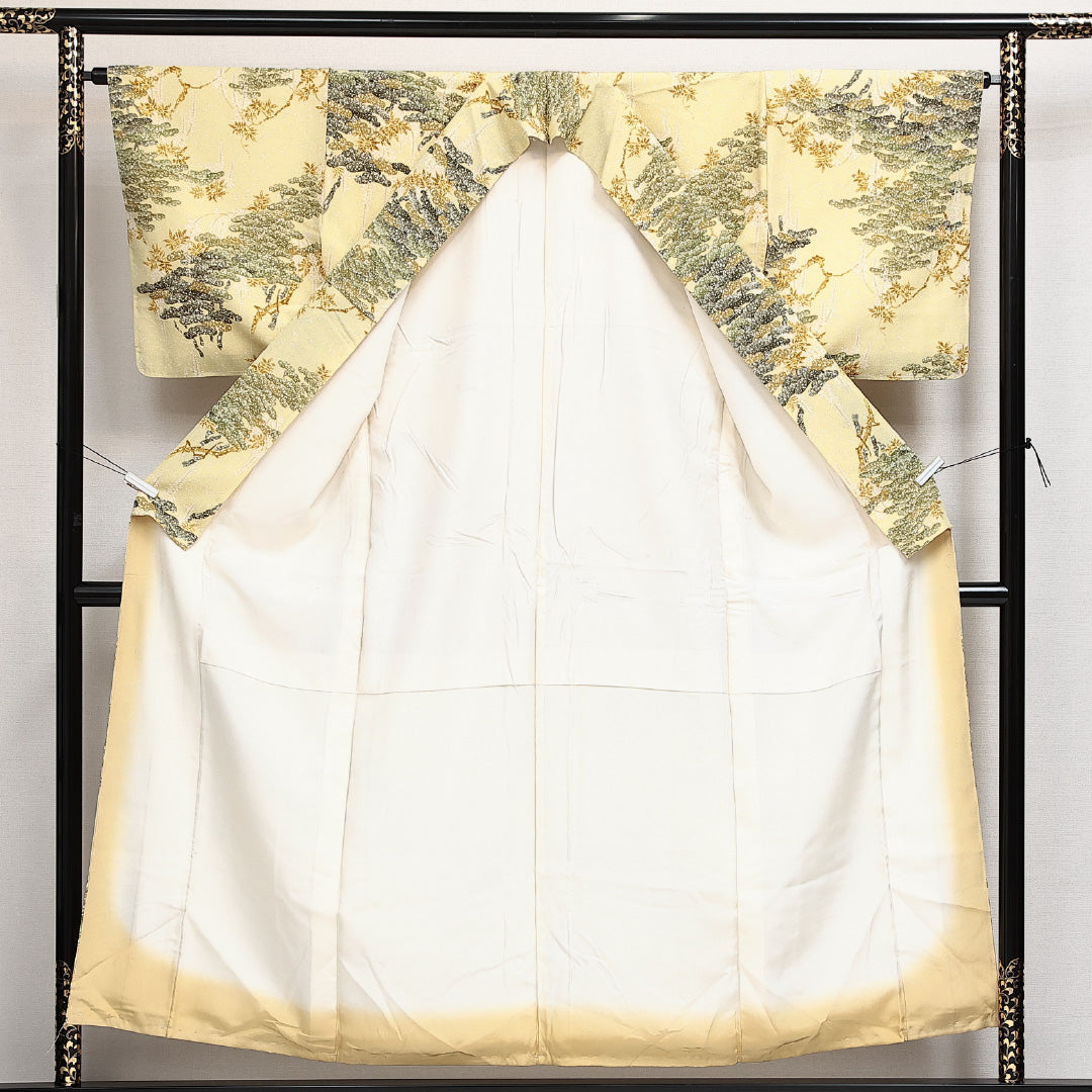 小紋 袷 身丈152cm 裄丈63cm 正絹 Sランク インフォーマル 広衿 Sサイズ 染め紬 藤 松 黄系 M4 1221-14004