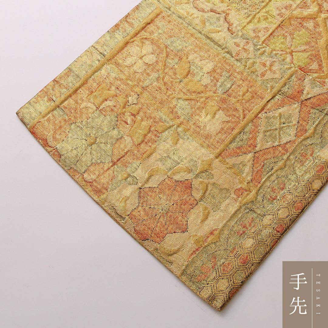 袋帯 帯丈424cm 正絹 六通 フォーマル 佐賀錦 ふくれ織 唐草華文 古典柄 朱系 1243-01669