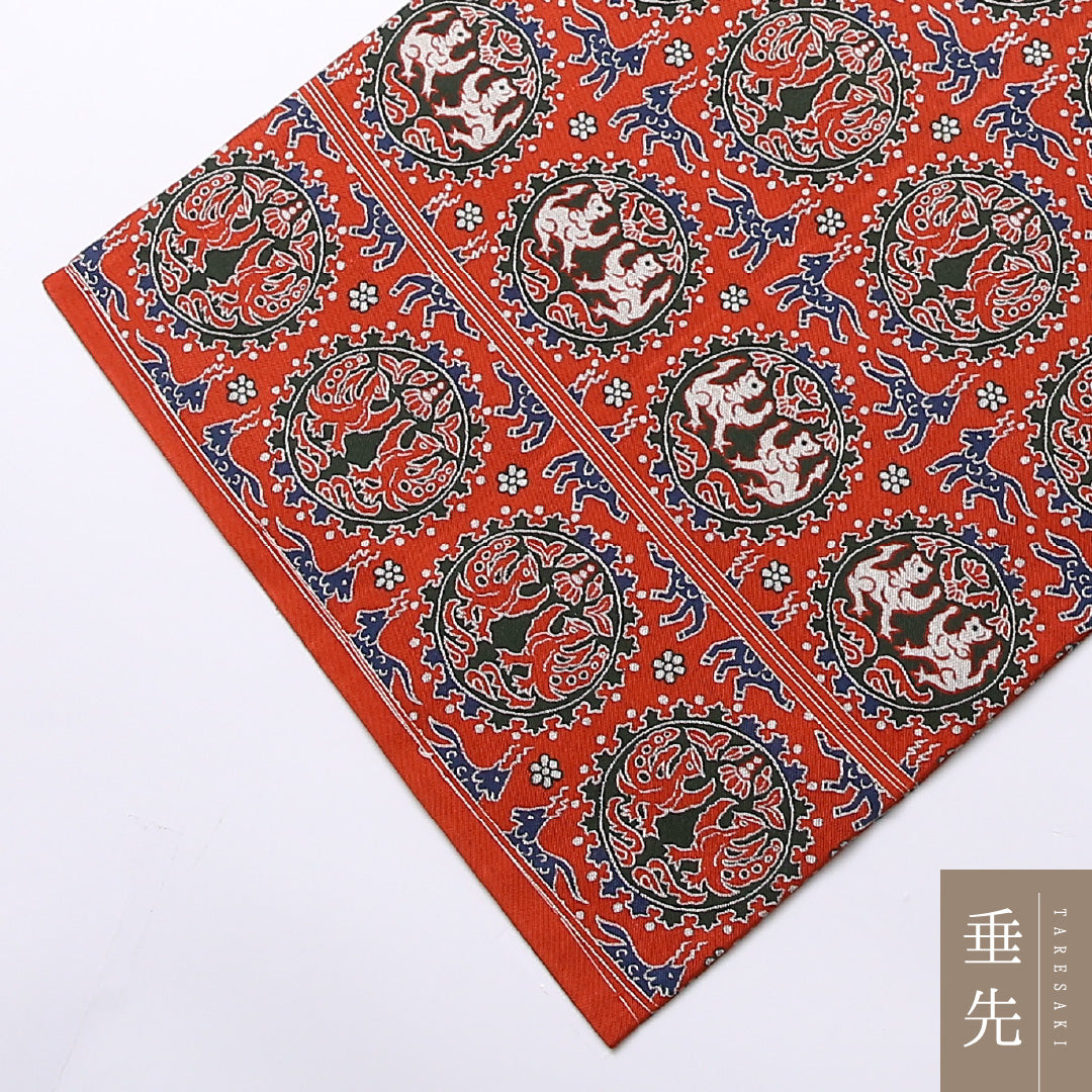 未使用品 九寸名古屋帯 Nランク 帯丈348cm 正絹 全通 名古屋仕立て 織り セミフォーマル しつけ糸 双鳥唐花文 名物裂 連珠文 赤系 RP 1245-02509