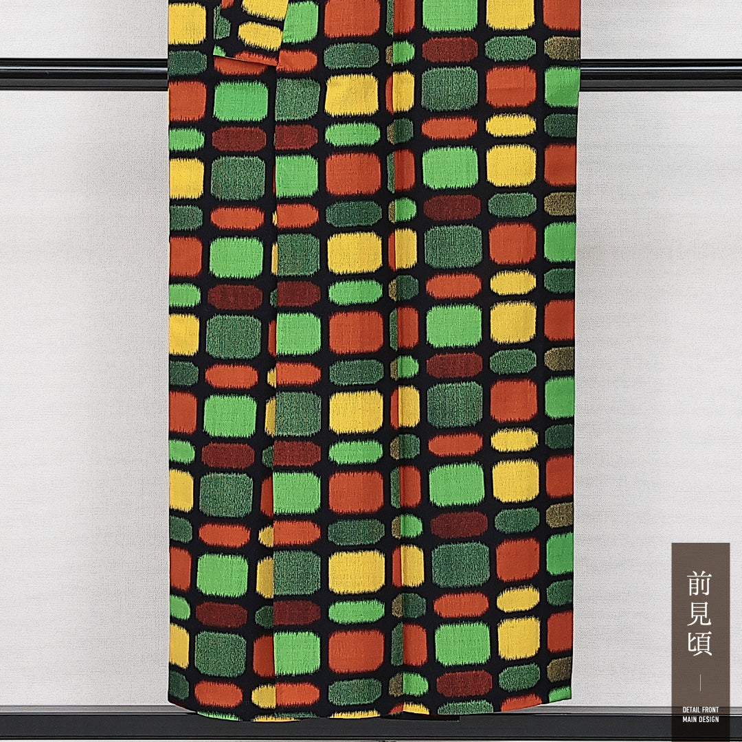 アンサンブル 洗える着物 ウールの紬 単衣 身丈149cm 裄丈61cm ウール Sランク カジュアル バチ衿 XSサイズ 紐あり 創作柄 多色系 RP 1223-14400