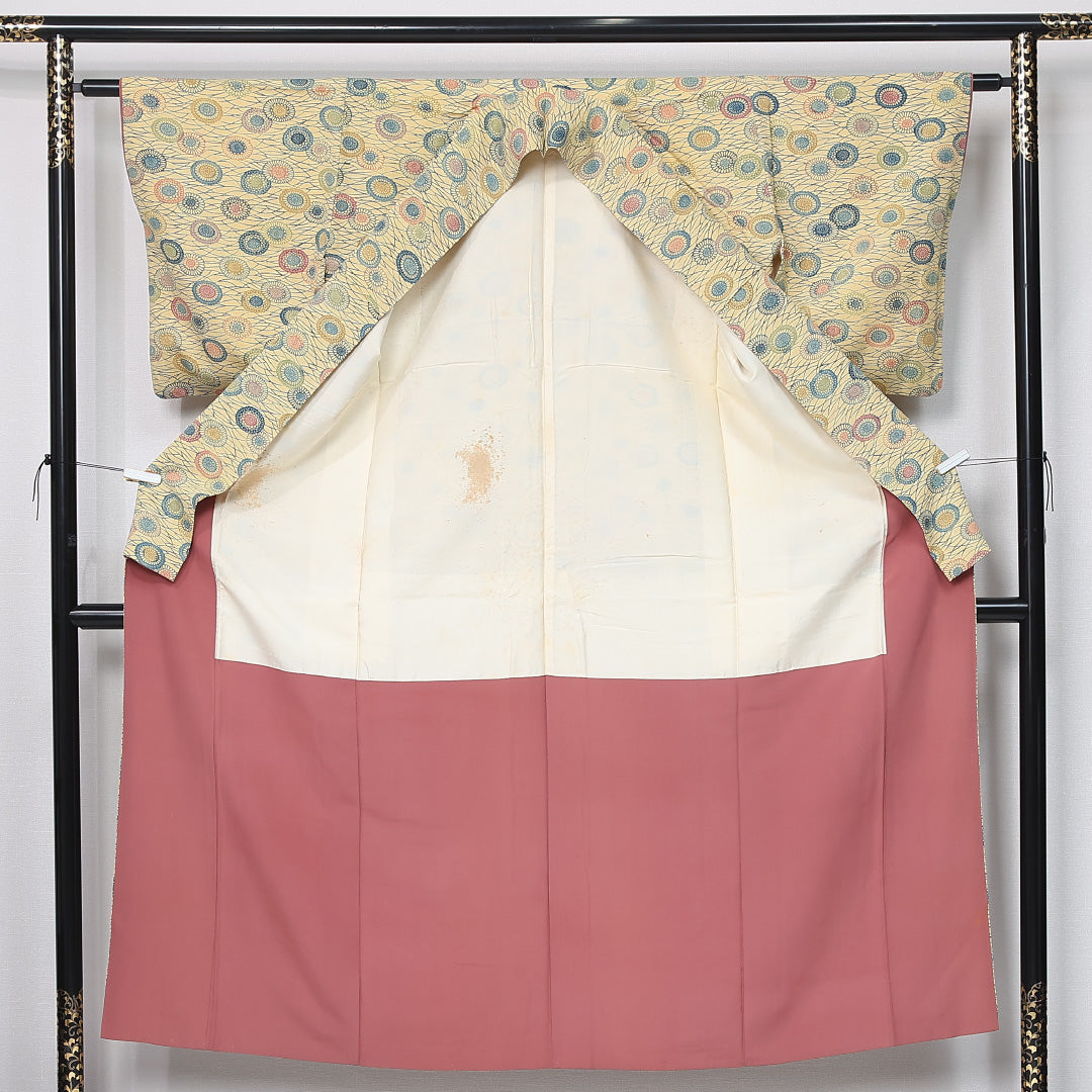 小紋 袷 身丈148cm 裄丈60cm 正絹 Bランク インフォーマル 広衿 XSサイズ 芝草 菊 黄系 HP 1221-11965