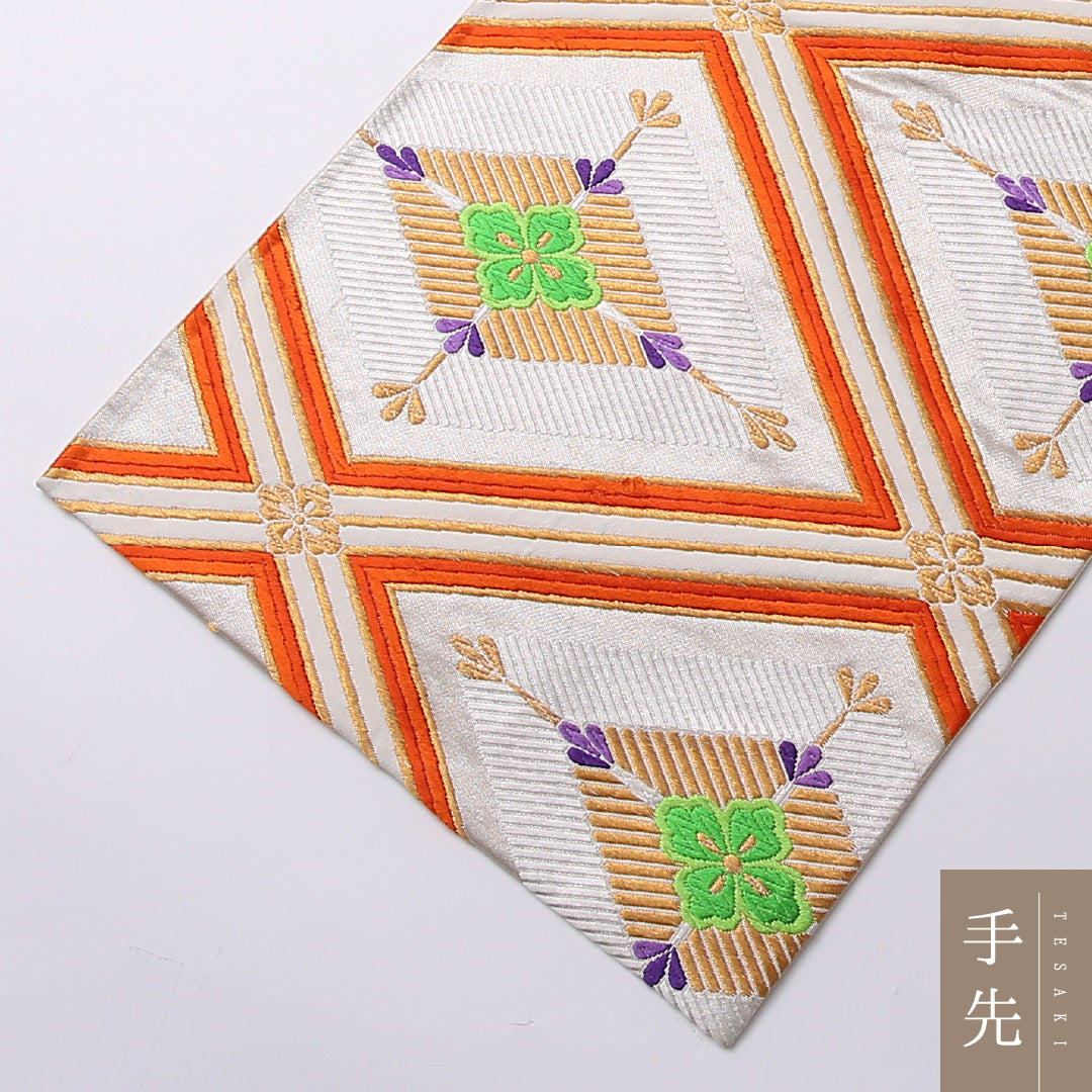 袋帯 帯丈432cm 六通 フォーマル Aランク 正絹 花菱 レトロ 華やか 銀系 1223-01586