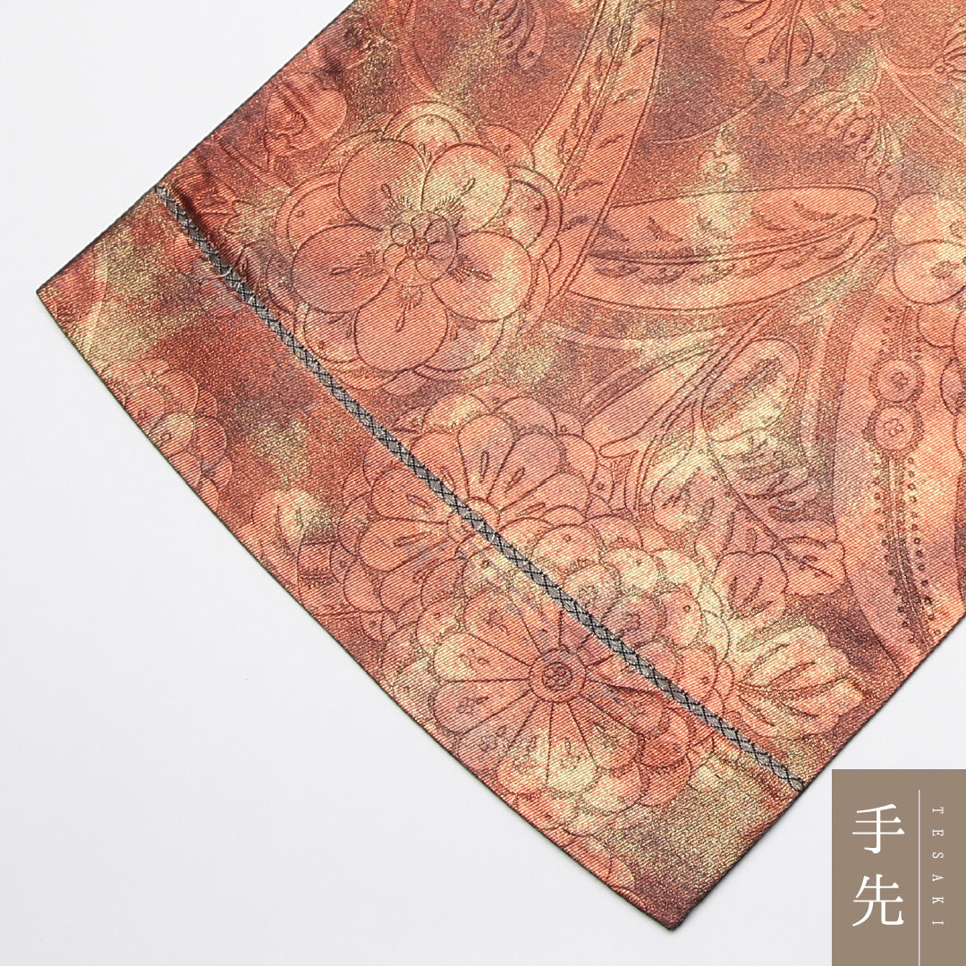 袋帯 帯丈430cm 正絹 六通 セミフォーマル 花柄 茶系 金系 1243-01215
