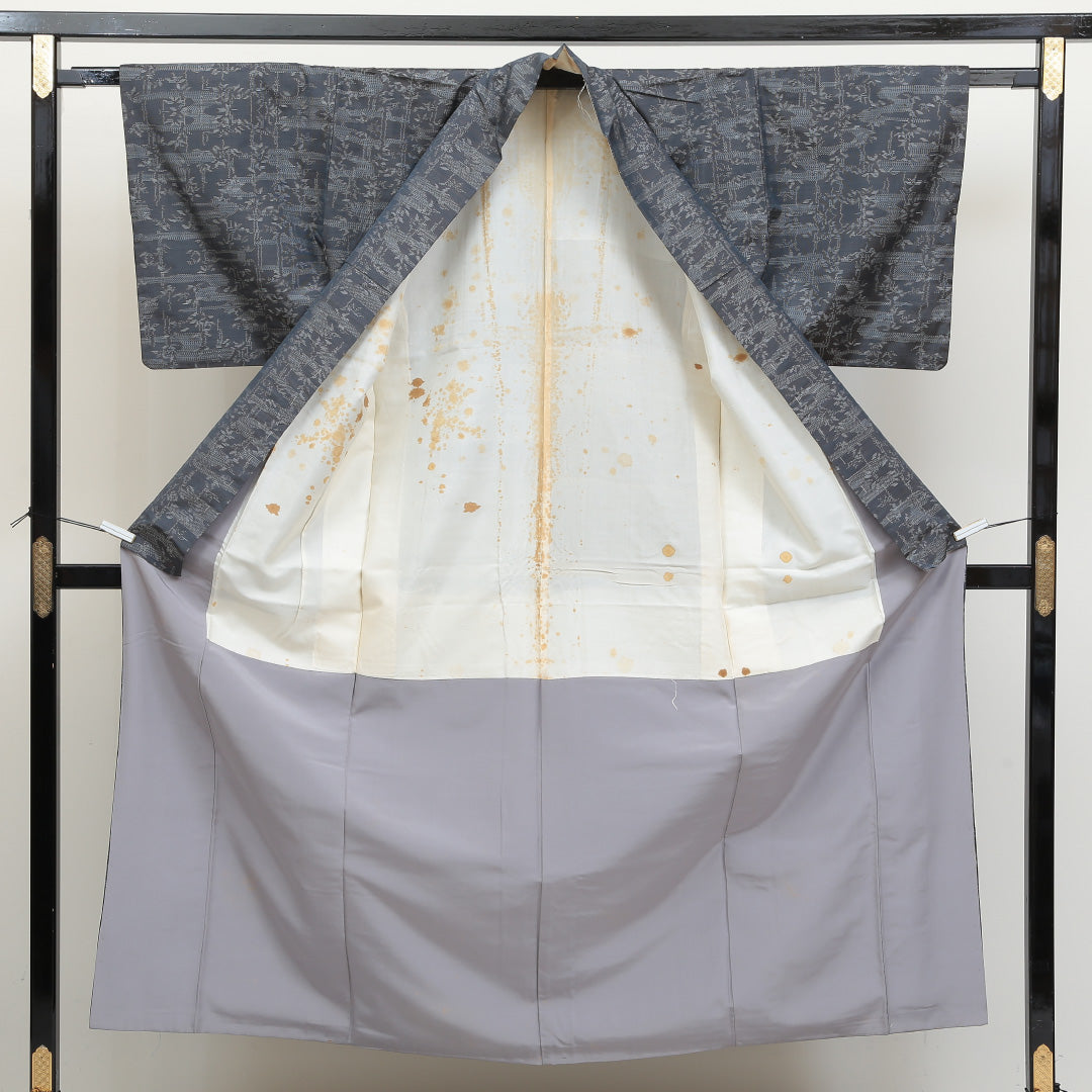 大島紬 袷 身丈152cm 裄62.5cm 正絹 グレー系 Bランク 1216003574222