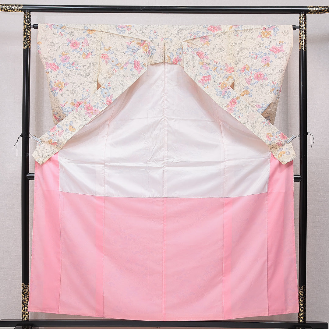 小紋 洗える着物 袷 身丈161cm 裄丈64cm ポリエステル Cランク Lサイズ 広衿 インフォーマル 花柄 クリーム系 1215-15637