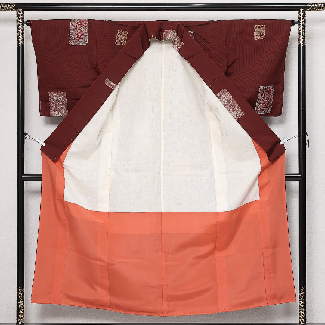 アンティーク お召 袷 身丈151cm 裄丈64cm 正絹 Aランク 広衿 Sサイズ 花絵札 赤系 RP 1222-13652