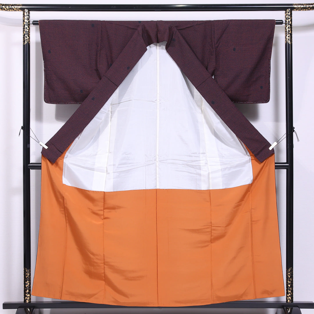 紬 袷 身丈159cm 裄丈63cm 正絹 Sランク カジュアル 広衿 Mサイズ ドット 紫系 RP 1223-11622