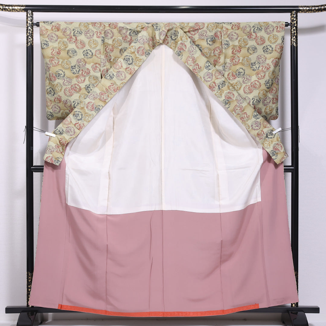 小紋 袷 身丈162cm 裄丈65cm 正絹 Sランク インフォーマル 広衿 Lサイズ 海老 緑系 RP 1221-11756