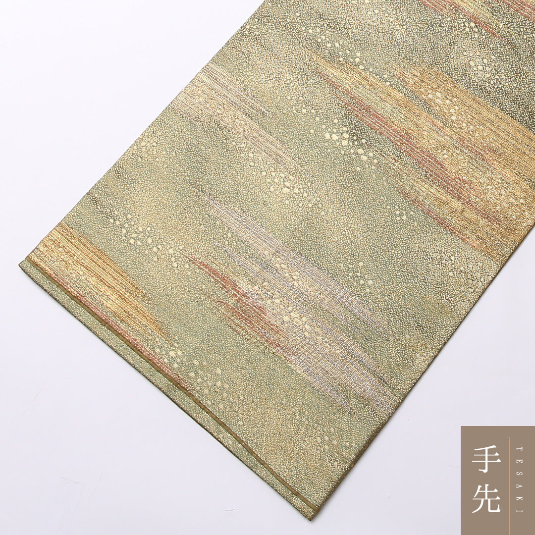 袋帯 帯丈432cm 正絹 六通 セミフォーマル 金霞 砂子 金系 緑系 1243-01497