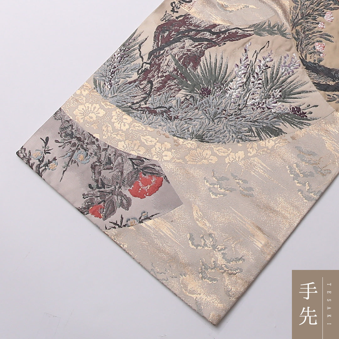 袋帯 帯丈420cm 正絹 全通 フォーマル 扇面文 流水 松 クリーム系 1243-01574