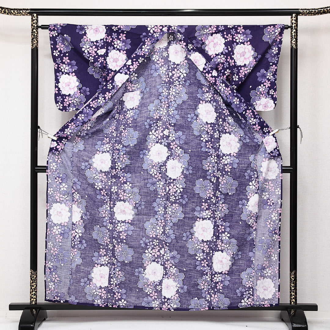 浴衣 夏物 洗える着物 身丈160cm 裄丈62cm Sランク 木綿 バチ衿 Lサイズ カジュアル 桜 可憐 爽やか 紫系 1218-14201