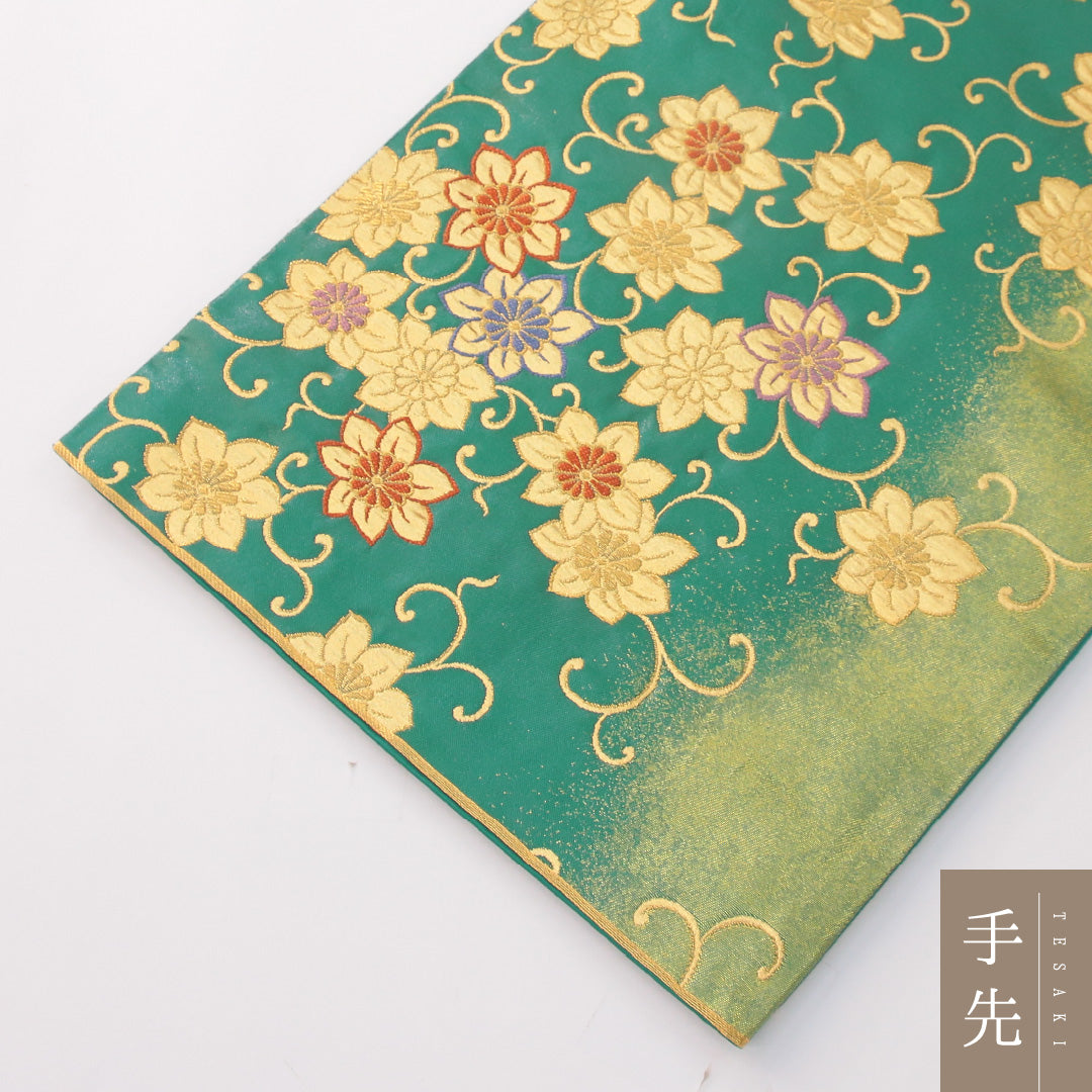 未使用品 袋帯 帯丈440cm 正絹 六通 セミフォーマル 唐草華文 緑系 金系 1243-02309