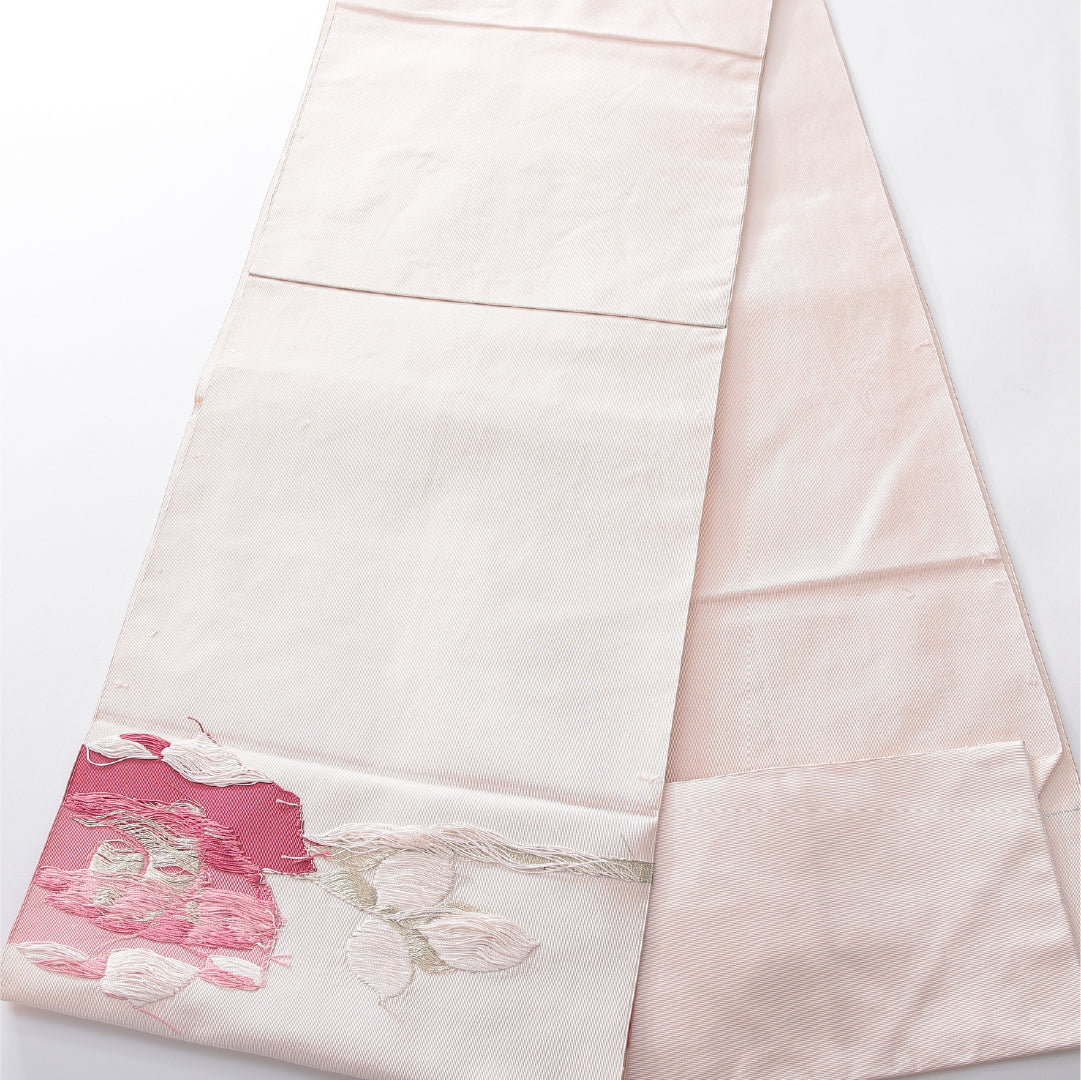 八寸名古屋帯 帯丈355cm インフォーマル 松葉仕立て ポイント柄 Cランク 正絹 綴れ織 薔薇 ピンク系 1224-03940