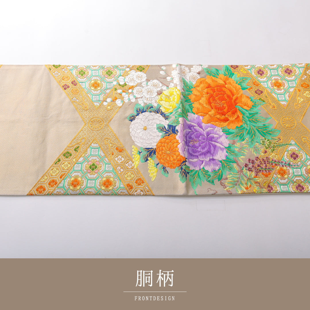 袋帯 帯丈430cm フォーマル 六通 Cランク 正絹 唐織 蜀江 牡丹 クリーム系 1223-02161
