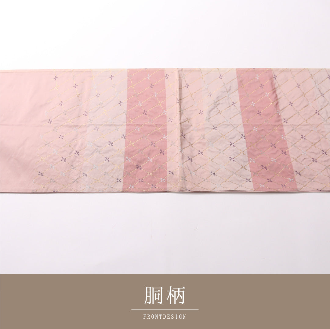 九寸名古屋帯 Sランク 帯丈358cm 正絹 六通 開き仕立て 織り インフォーマル 花菱 ピンク系 RP 1245-02836