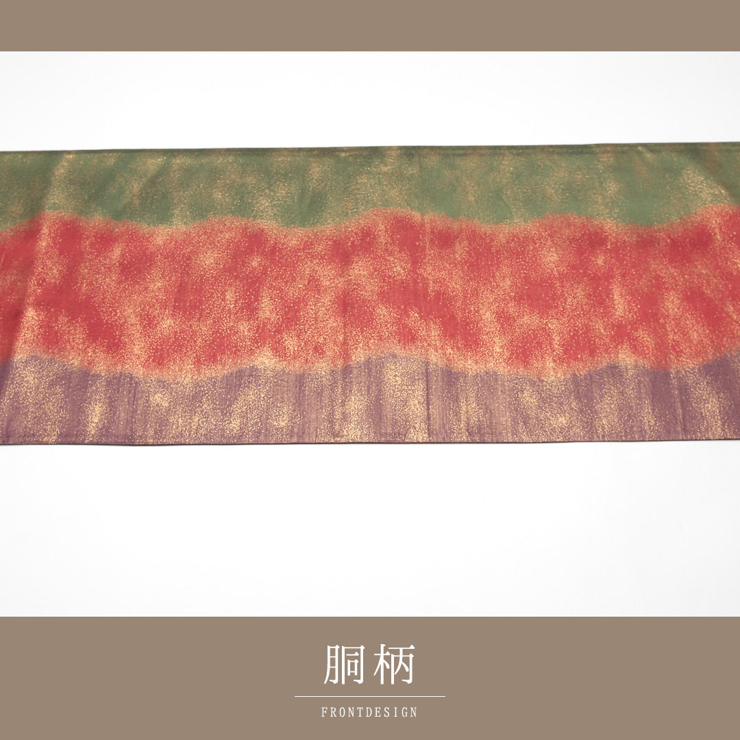 袋帯 帯丈432cm 正絹 六通 インフォーマル 創作柄 赤系 緑系 1243-01206