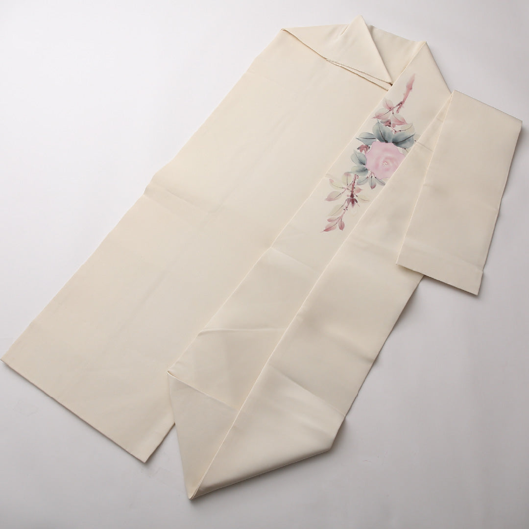 名古屋帯 ポイント柄 帯丈371cm カジュアル Cランク 正絹 塩瀬 薔薇 椿 クリーム系 1224-02319