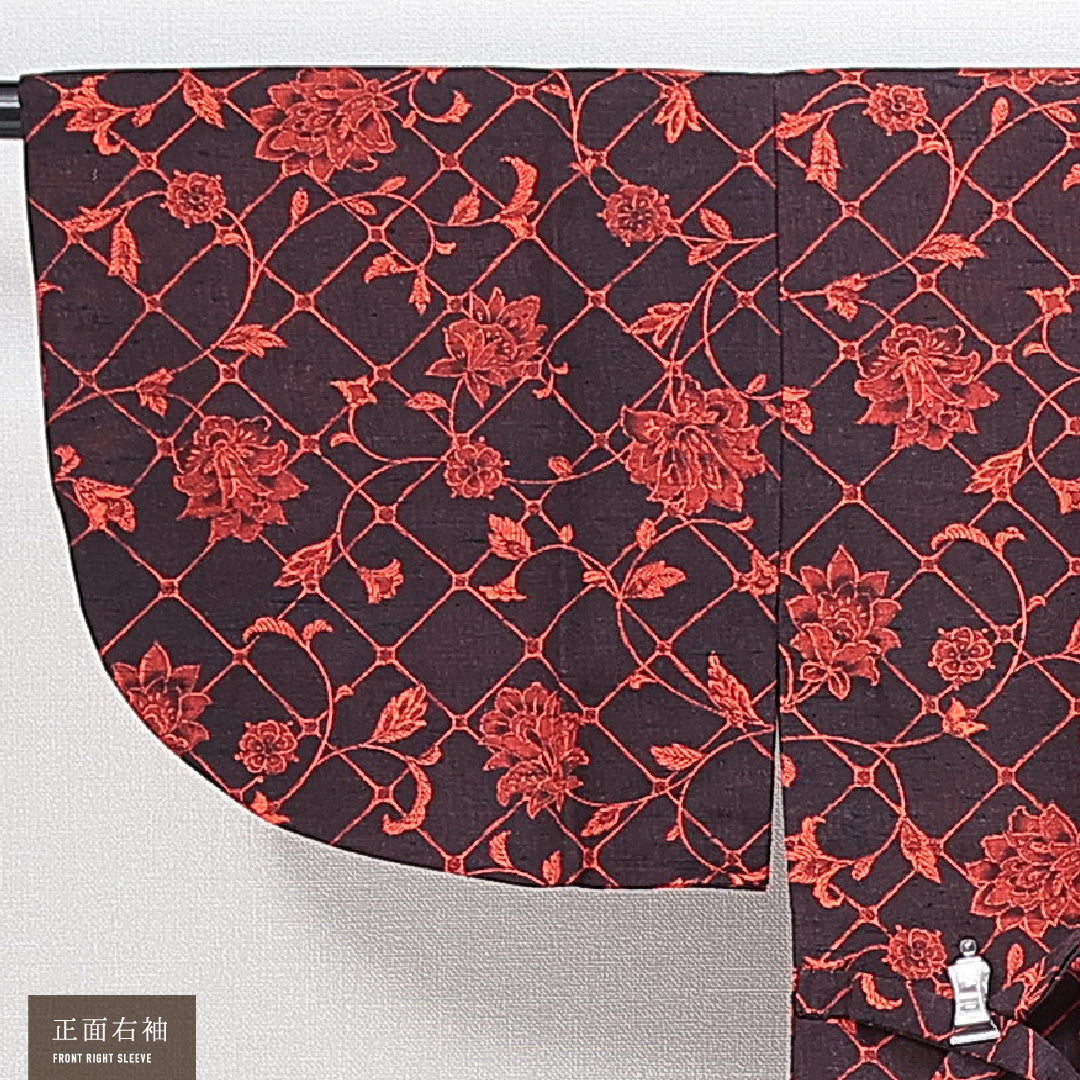 道中着 単衣 身丈70cm 裄丈64cm 正絹 Sランク セミフォーマル Mサイズ 染め紬 肩当て 格子 花柄 黒系 RP 1236-14741