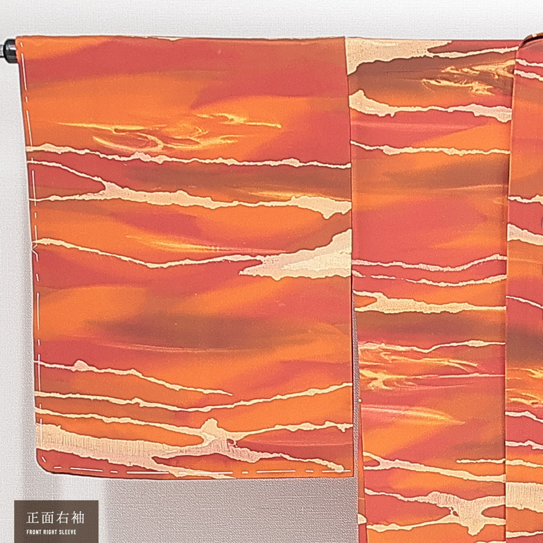 未使用品 羽織 袷 身丈77cm 裄丈64cm 正絹 Nランク カジュアル Mサイズ ぼかし染 しつけ糸 抽象柄 朱系 RP 1232-14716