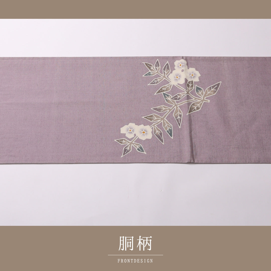 袋帯（紬） 帯丈462cm 正絹 ポイント柄 染め帯 インフォーマル 花柄 紫系 緑系 1243-01556