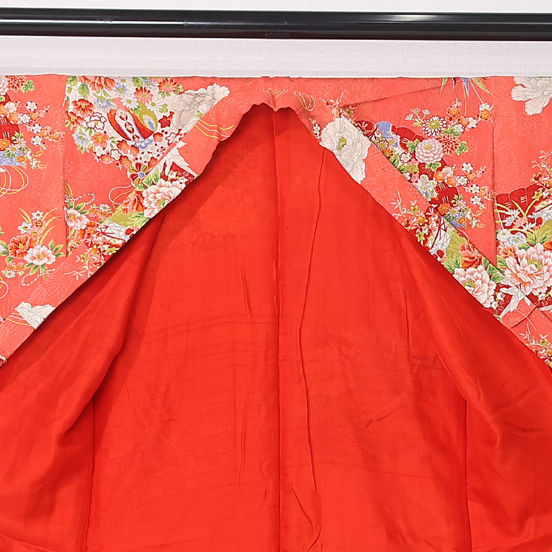 アンティーク 小紋 (錦紗) 袷 身丈139cm 裄丈60cm 正絹 Aランク バチ衿 XSサイズ 扇 花柄 朱系 M4 1221-12427