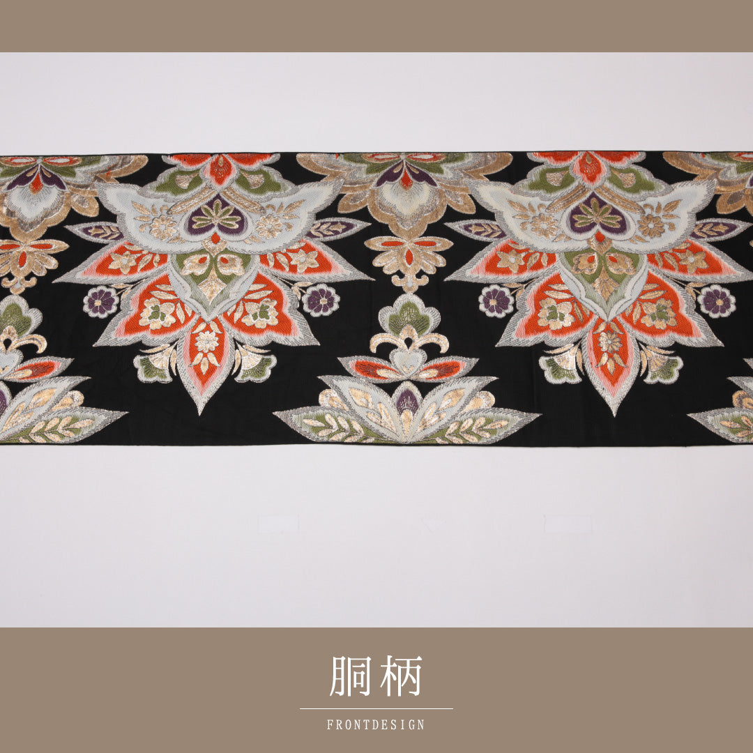 袋帯 帯丈416cm 正絹 六通 フォーマル 唐織 唐草華文 金系 黒系 1243-01283