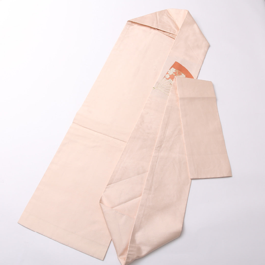 名古屋帯 ポイント柄 帯丈356cm カジュアル Aランク 正絹 扇子 梅 古典的 清楚 ピンク系 1224-02646